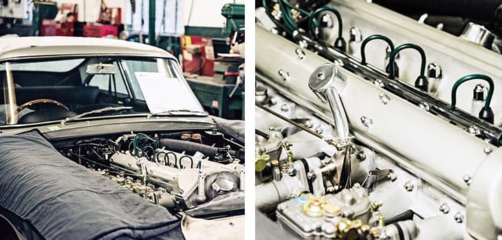 Inside engine shot of Aston Martin DB5 being converted to a DB5 Vantage